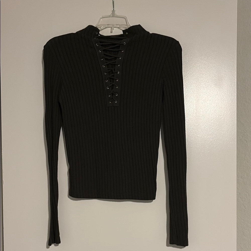 Forever 21 Black Ribbed Long Sleeve Lace-Up Top